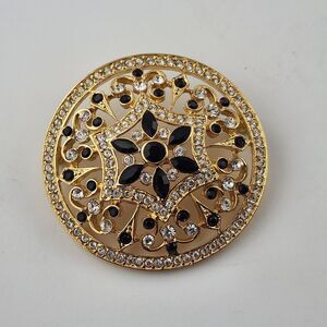Vintage‎ Gold Tone Black And Clear Rhinestones Brooch